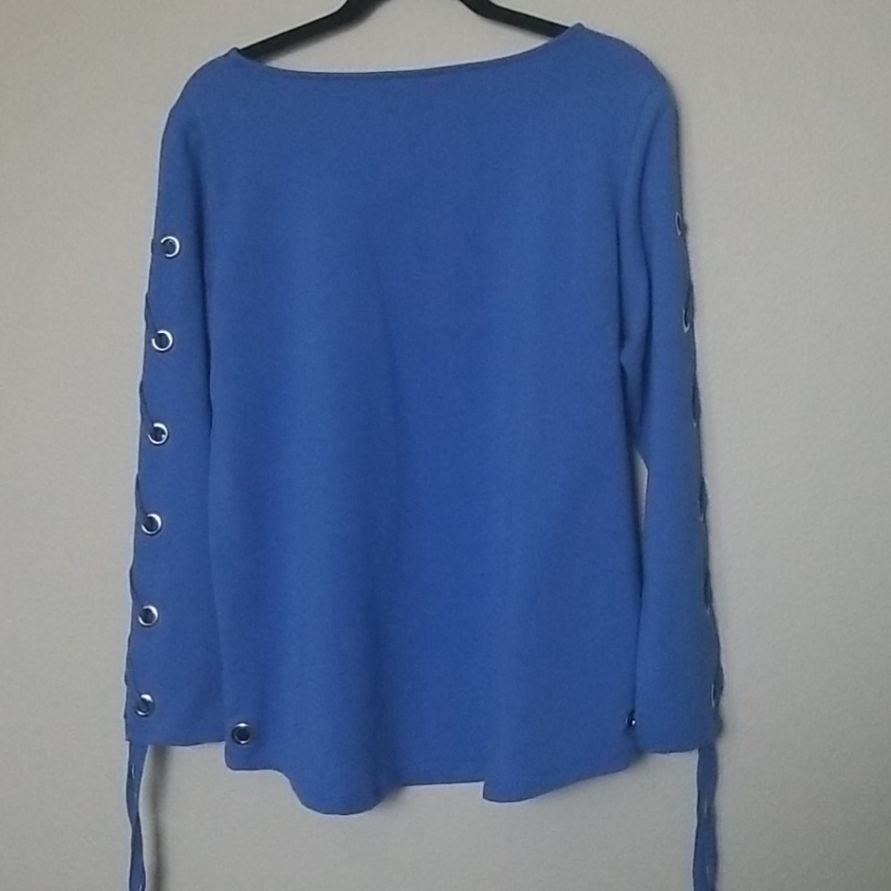 Susan Graver Casual Vibrant Blue Medium Lace Up Sleeves Sweater Top - Picture 7 of 7